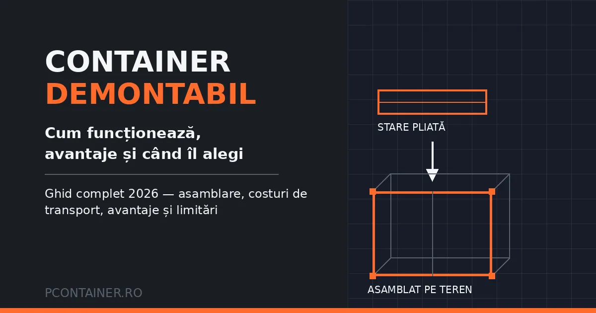 Infografic container demontabil flatpack — stare pliată versus container asamblat pe teren, brand PContainer