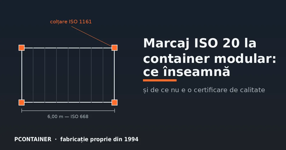 Schiță tehnică a unui container cu colțare ISO 1161 evidențiată și dimensiunea standard ISO 668
