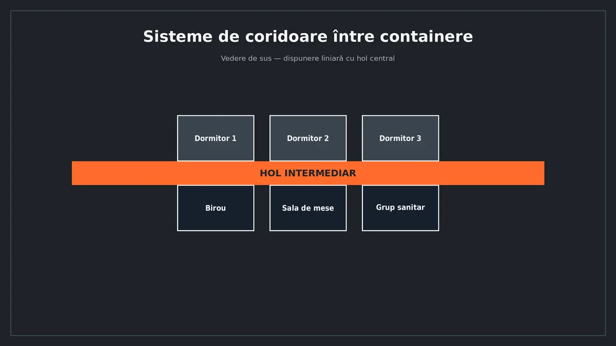 Schemă vedere de sus cu șase containere conectate printr-un hol intermediar central