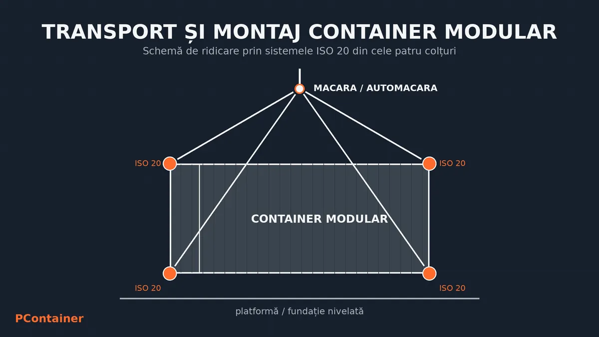 Schemă tehnică de ridicare a unui container modular prin sistemele ISO 20 din cele patru colțuri, cu macara