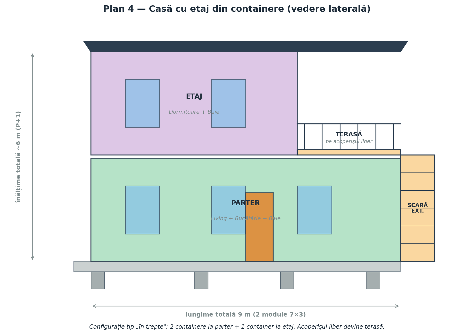 Casă din containere cu etaj — vedere laterală, configurație în trepte cu terasă