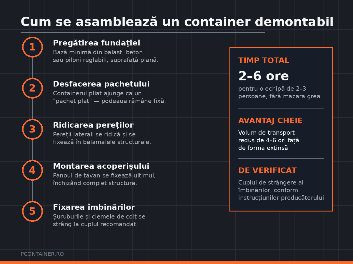 Cei 5 pași de asamblare a unui container demontabil: fundație, desfacerea pachetului, ridicarea pereților, montarea acoperișului, fixarea îmbinărilor
