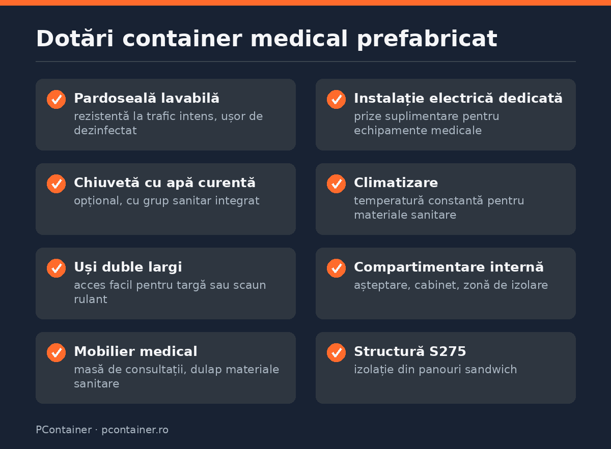 Listă dotări container medical: pardoseală lavabilă, instalație electrică, climatizare, mobilier medical