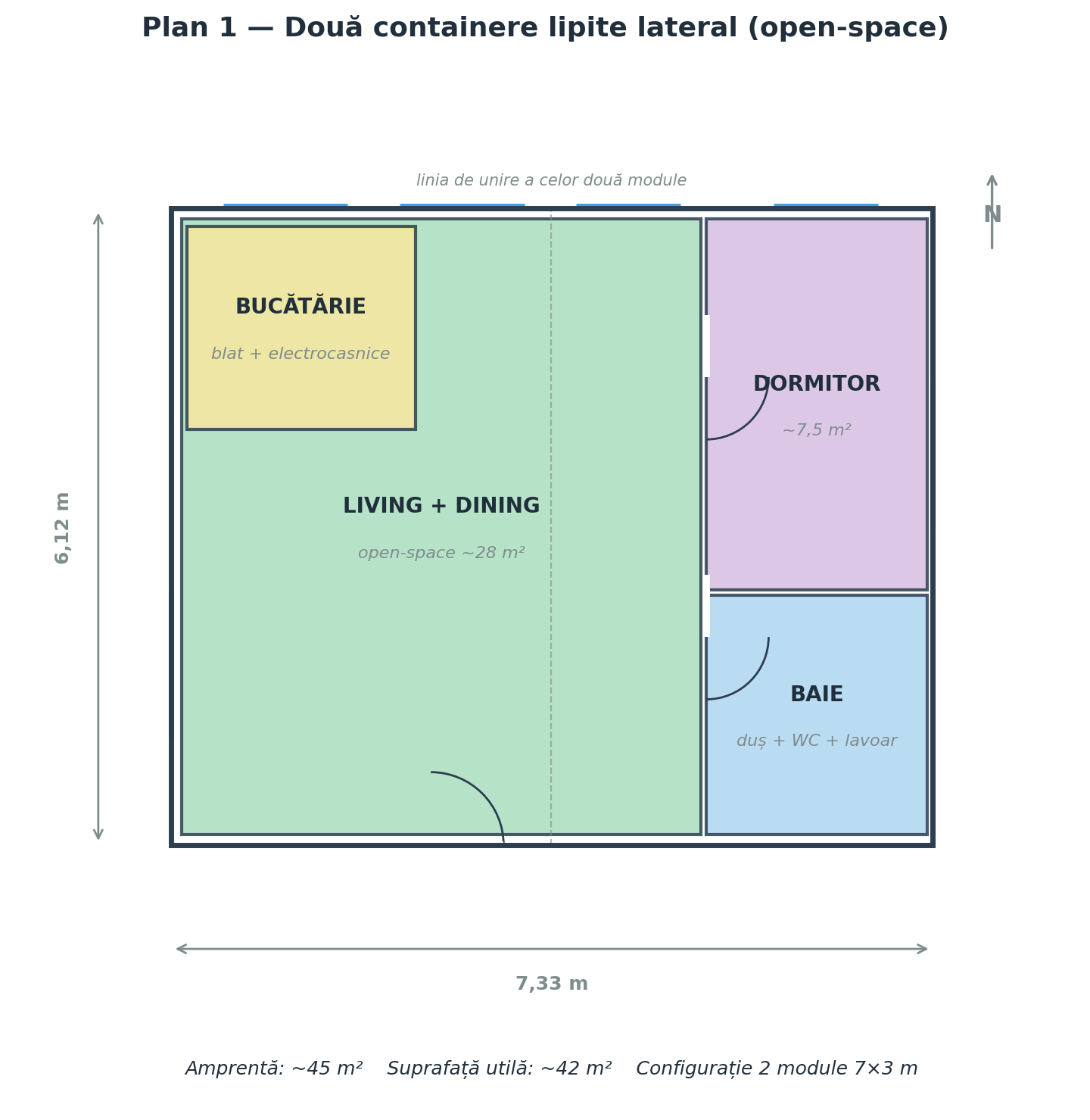 Plan casă din 2 containere — open-space modern, ~42 m² utili
