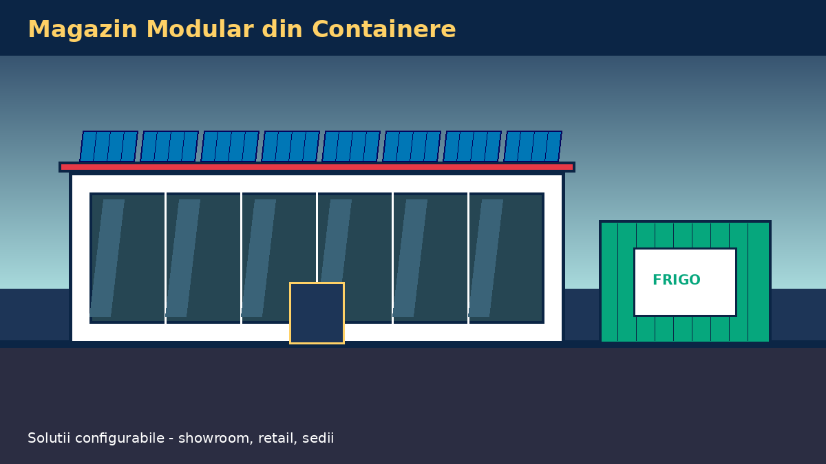 Magazin modular din containere cu panouri fotovoltaice și container frigorific integrat