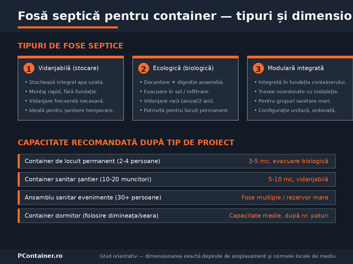 Infografic cu trei tipuri de fose septice pentru containere și capacitatea recomandată pe tip de proiect