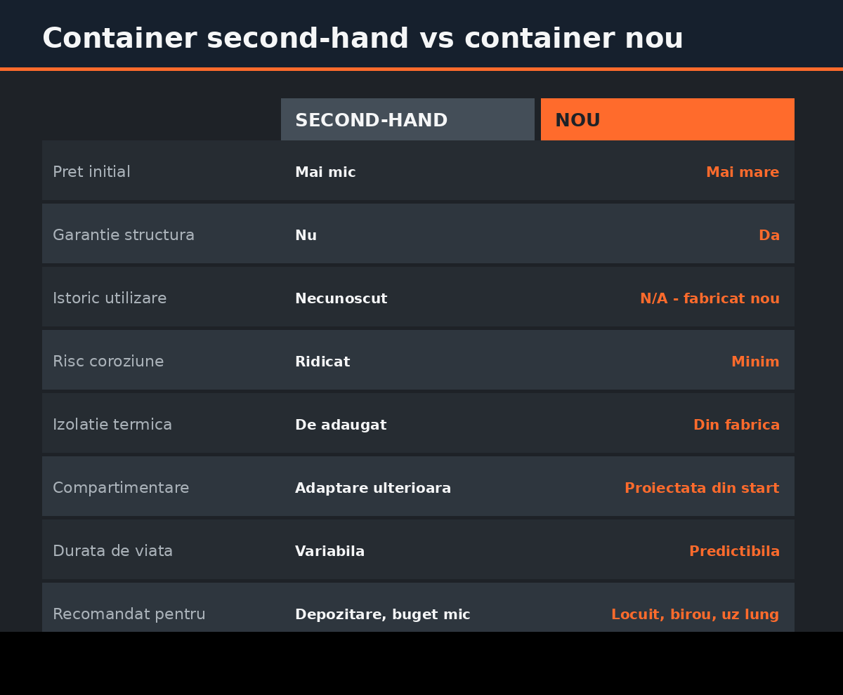 Tabel comparativ container second-hand vs container nou — preț, garanție, izolație, durată de viață