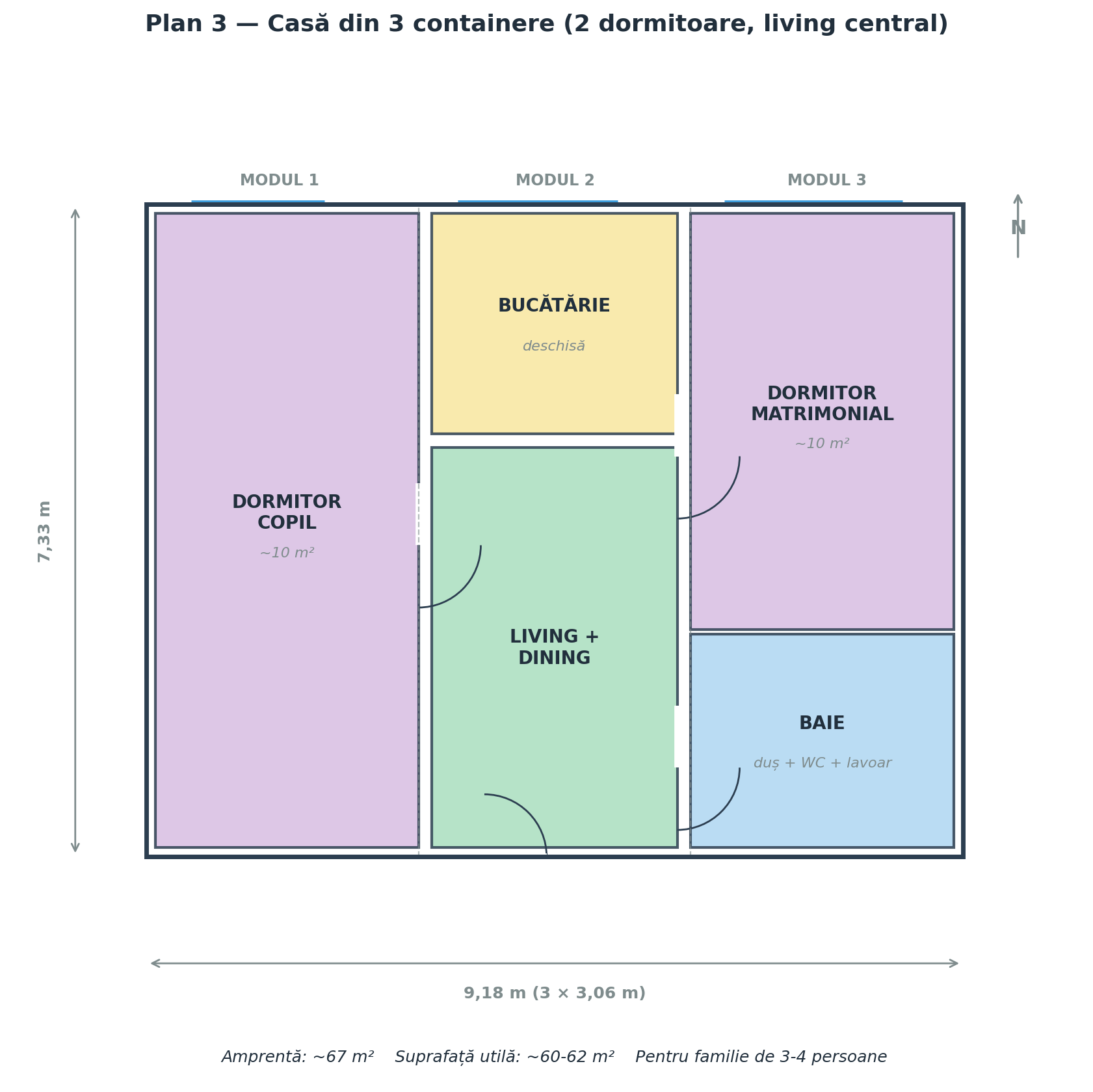 Plan casă din 3 containere cu 2 dormitoare și living central, ~62 m²