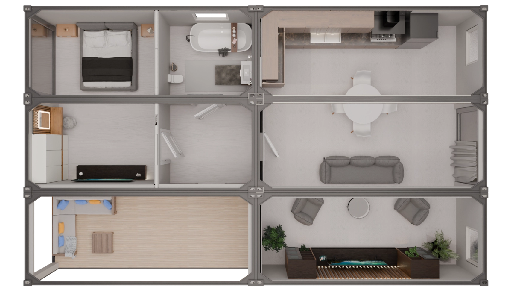 Casă Modulară din 6 Containere cu Terasă – Model 6k