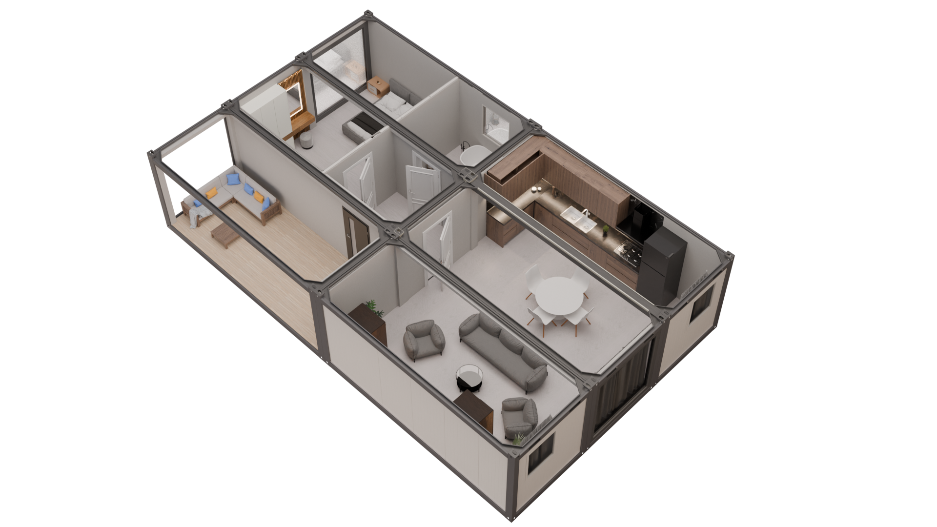 Casă Modulară din 6 Containere cu Terasă – Model 6k