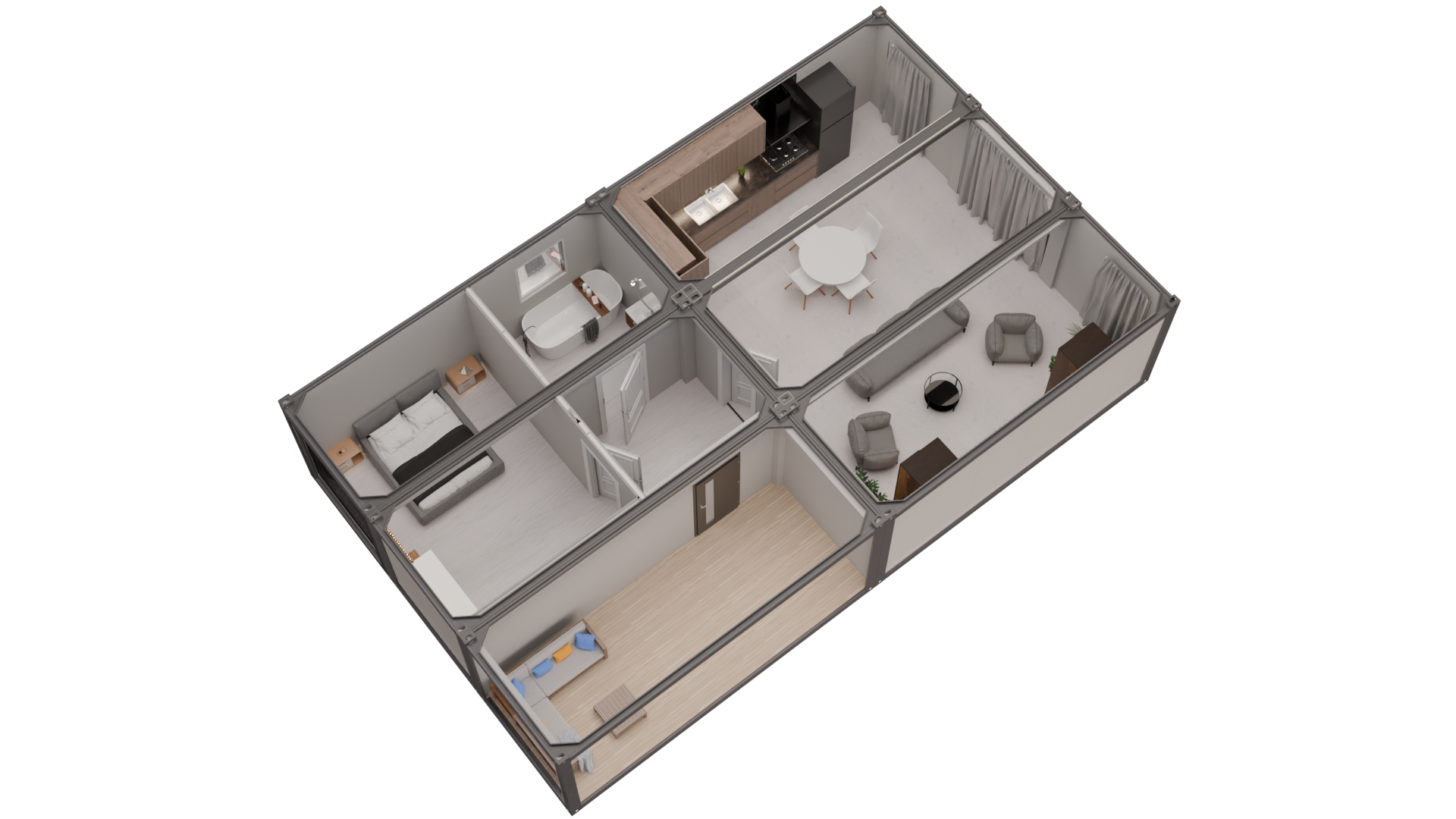 Casă Modulară din 6 Containere cu Terasă – Model 6k